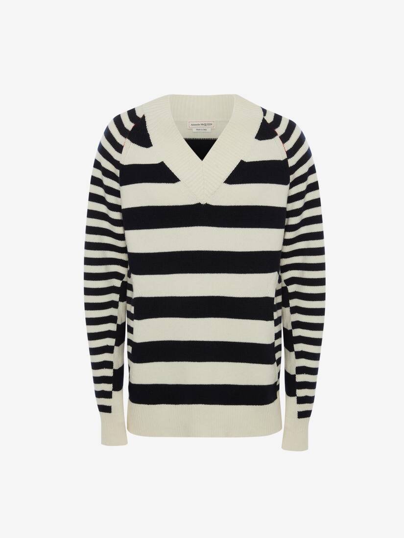 Prendas De Punto Alexander McQueen V-Neck Stripe Hombre - Blancos/Azul Marino - Mexico 351-NLZQAU